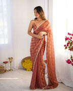 NC Chiffon Chex Wevon Chex Designer, Lace Party Wear Saree - Rust | Grocsy