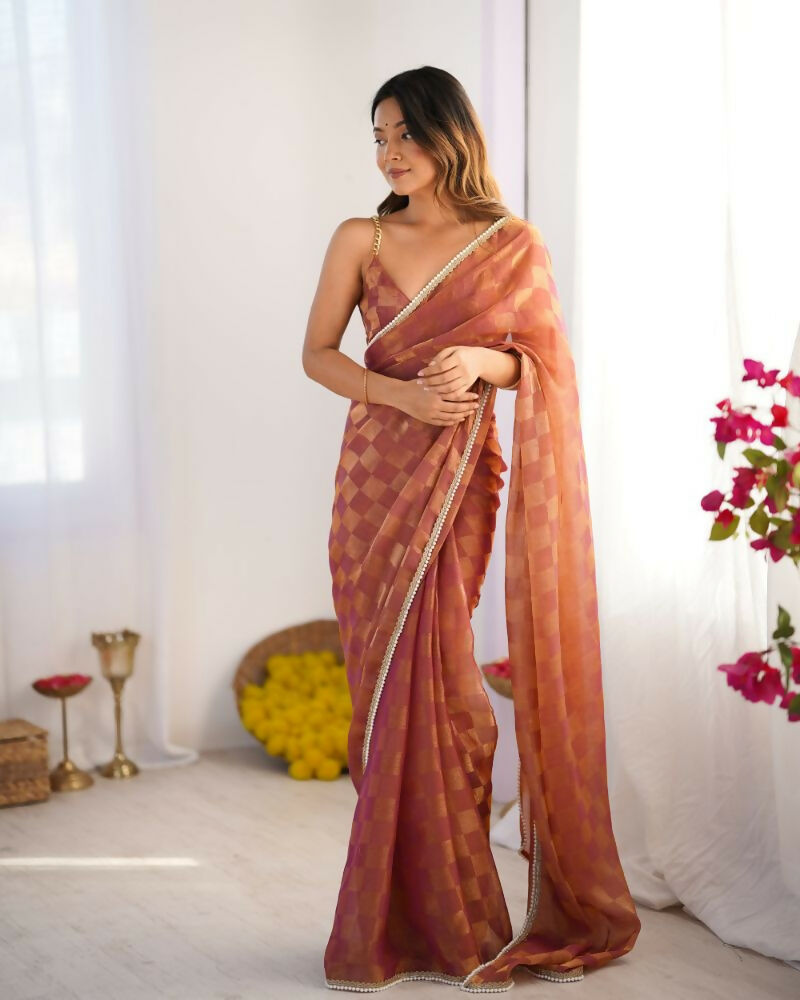 NC Chiffon Chex Wevon Chex Designer, Lace Party Wear Saree - Rust | Grocsy