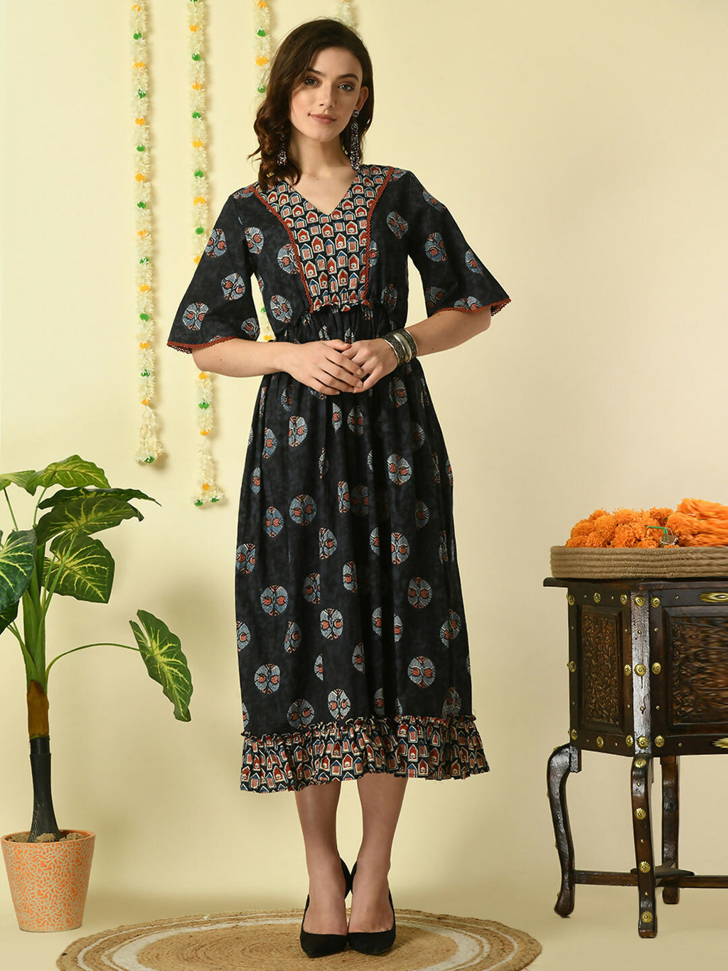 Myshka Women's Black Printed Cotton Party Dress | Grocsy