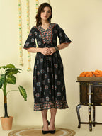 Myshka Women's Black Printed Cotton Party Dress | Grocsy
