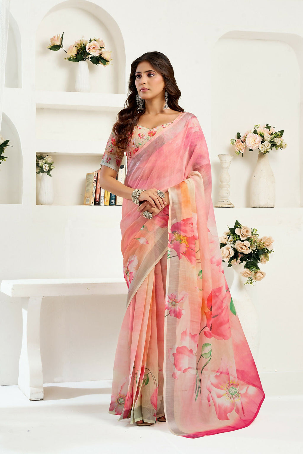 Vastranavya Peach Digital Printed Linen Ready To Wear Designer Saree with Unstitched Blouse | Grocsy