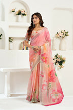 Vastranavya Peach Digital Printed Linen Ready To Wear Designer Saree with Unstitched Blouse | Grocsy