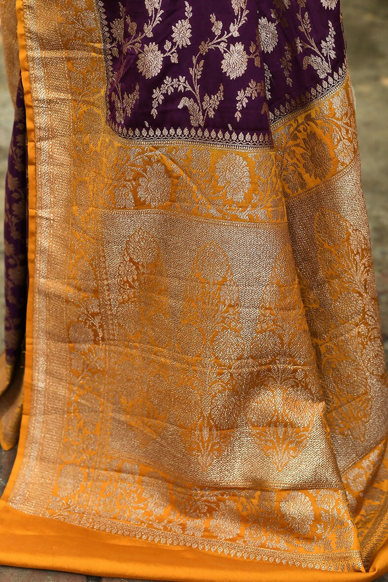 Joban Fashion Purple Crepe Chiffon Pure Handloom Banarasi Silk Saree | Grocsy