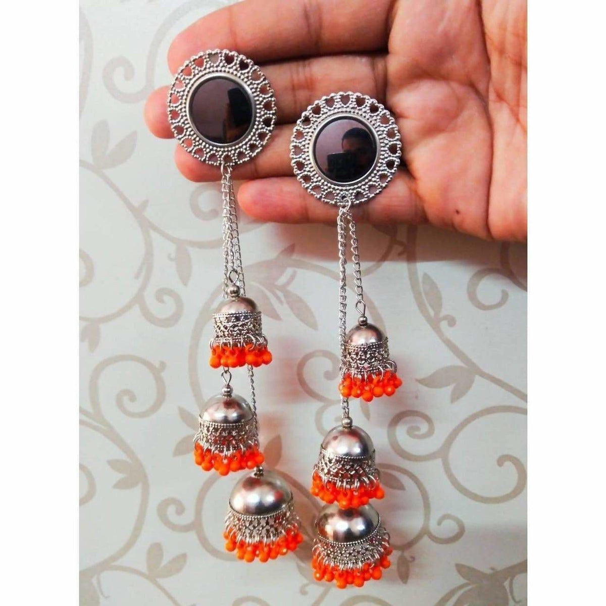 MS Fashion India Kashmiri Triple Orange Color Pearls Hanging Jhumka Earrings | Grocsy