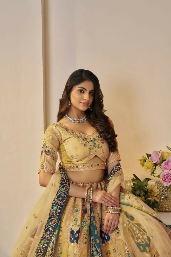 Kesar Fab Yellow Banarasi Silk Embroidered Lehenga | Grocsy