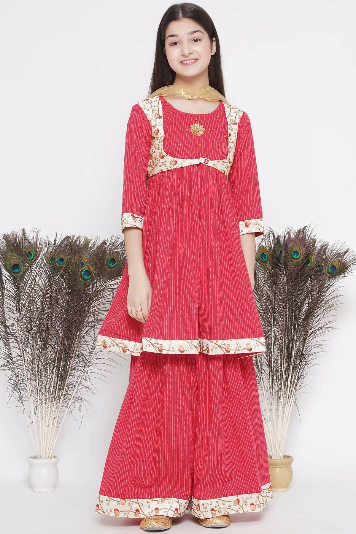 Little Bansi Floral Embroidery Jacket With Cotton Kantha Frock Sharara And Dupatta With Ghungroo Handwork - Red | Grocsy