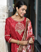 Vaasva Women's Silk Emboidered Solid Pant Set & Digital Printed Dupatta | Grocsy