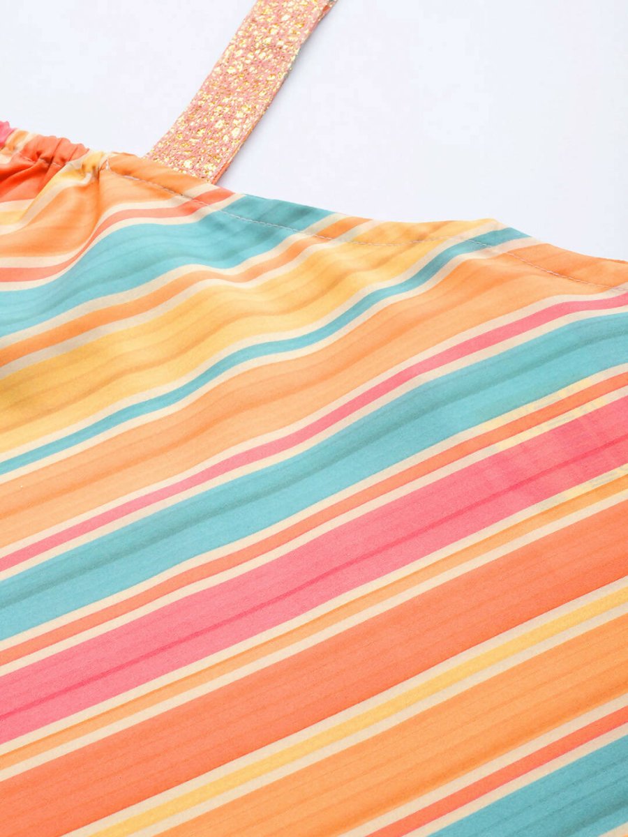 Ahalyaa Peach-Coloured & Blue Printed Striped Asymmetric Taselled Kaftan Kurta Palazzos | Grocsy
