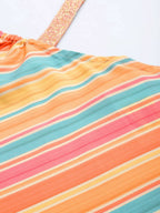 Ahalyaa Peach-Coloured & Blue Printed Striped Asymmetric Taselled Kaftan Kurta Palazzos | Grocsy