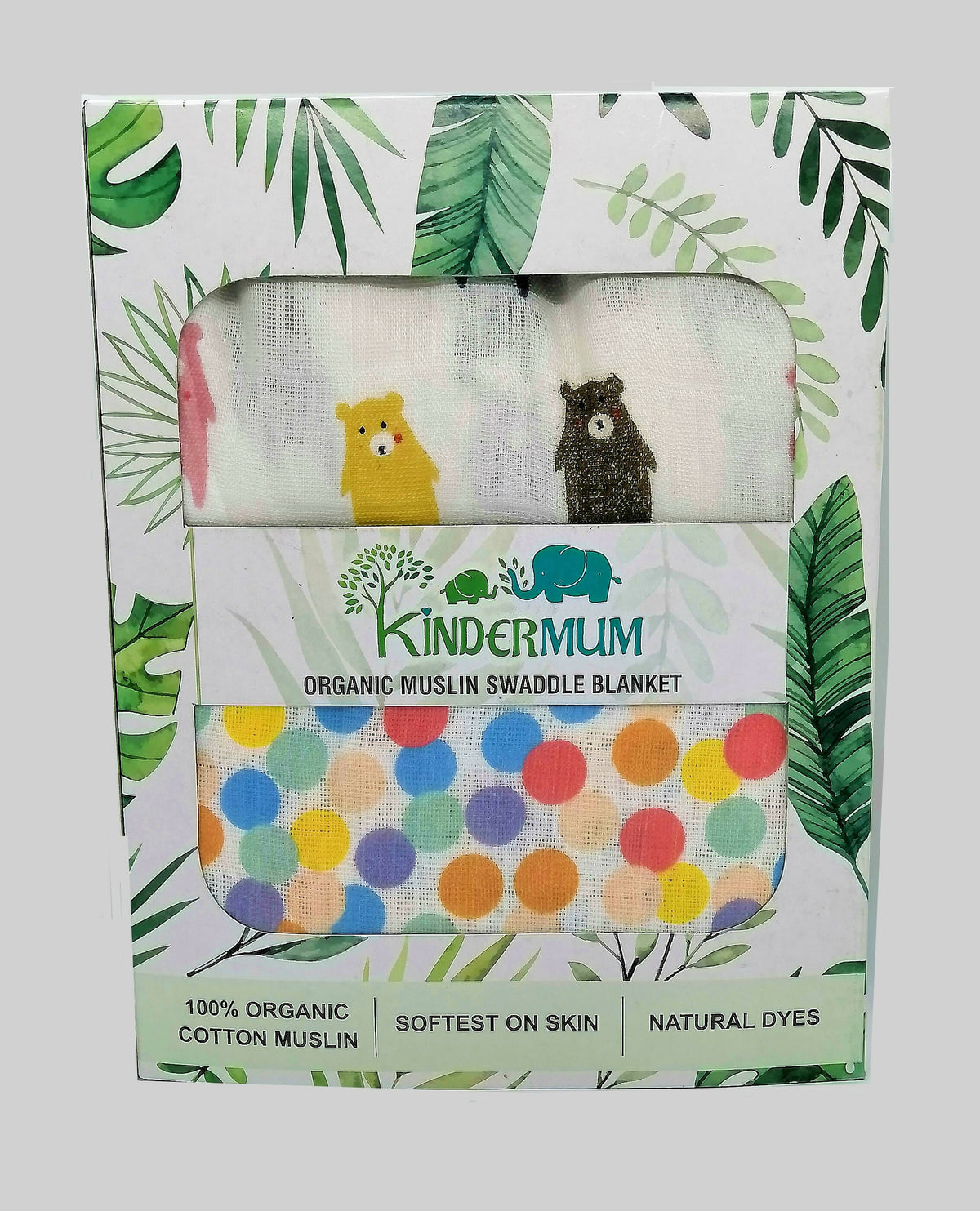 Kindermum Organic Cotton Muslin Swaddle Blanket 110 Cm X 110 Cm - Set Of 2 - Colorful Polka And Bear | Grocsy