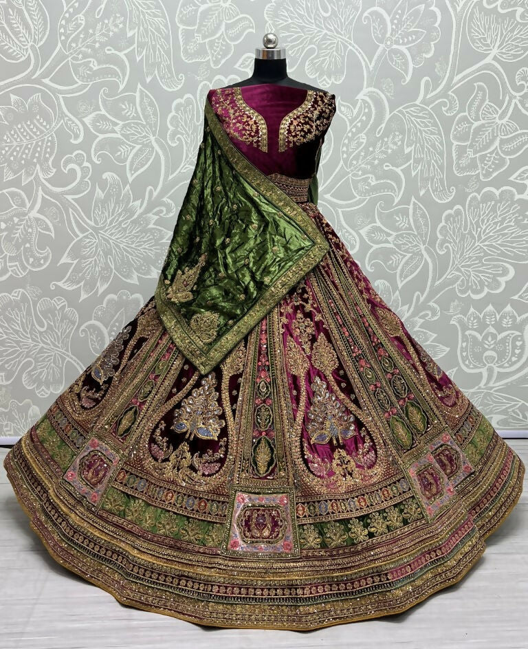 Jyoti Fashion Women's Purple Velvet Fancy Patch, Multi Thread Embroidered, Zircon Diamond, Sequins Work Wedding Lehenga Choli | Grocsy