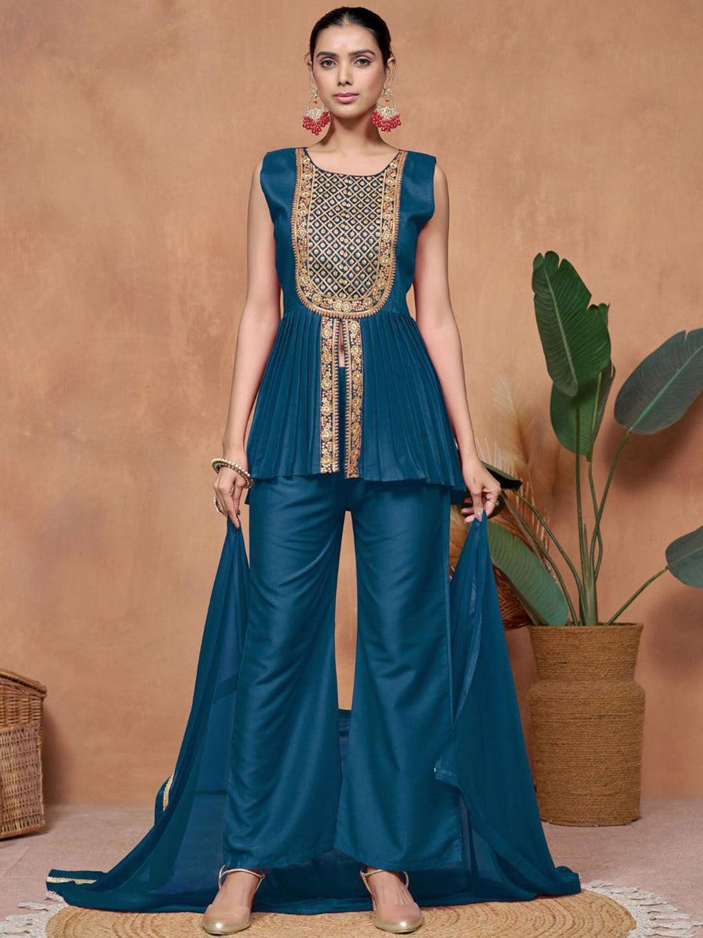 Sangria Floral Embroidered A-Line Kurta & Palazzo With Dupatta | Grocsy