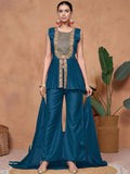 Sangria Floral Embroidered A-Line Kurta & Palazzo With Dupatta | Grocsy