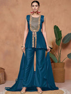 Sangria Floral Embroidered A-Line Kurta & Palazzo With Dupatta | Grocsy