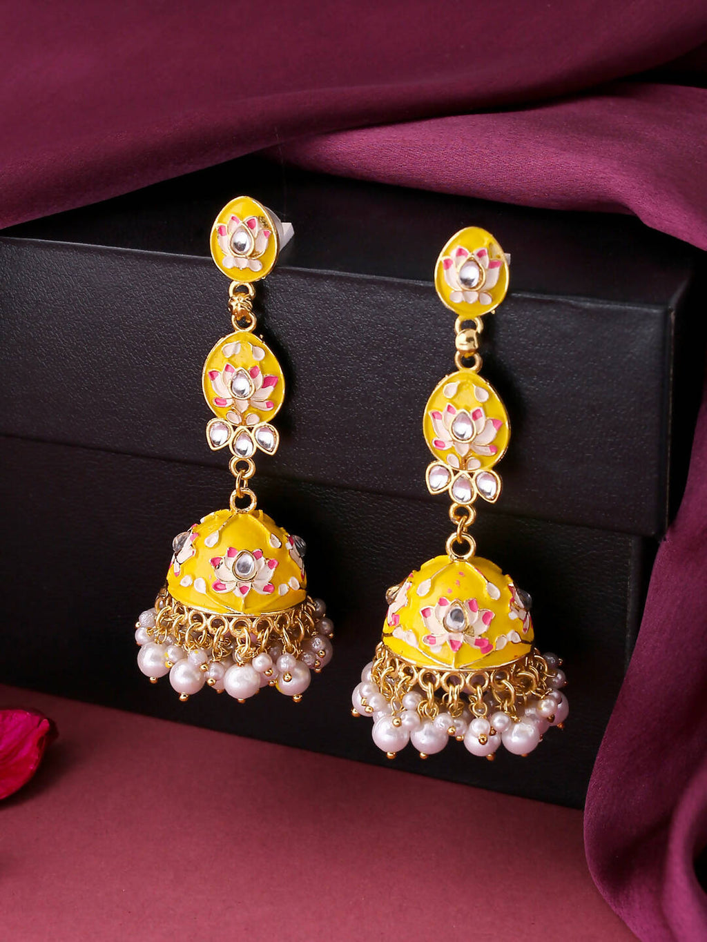 NVR Women Gold-Polished Yellow Jhumkas Earrings | Grocsy