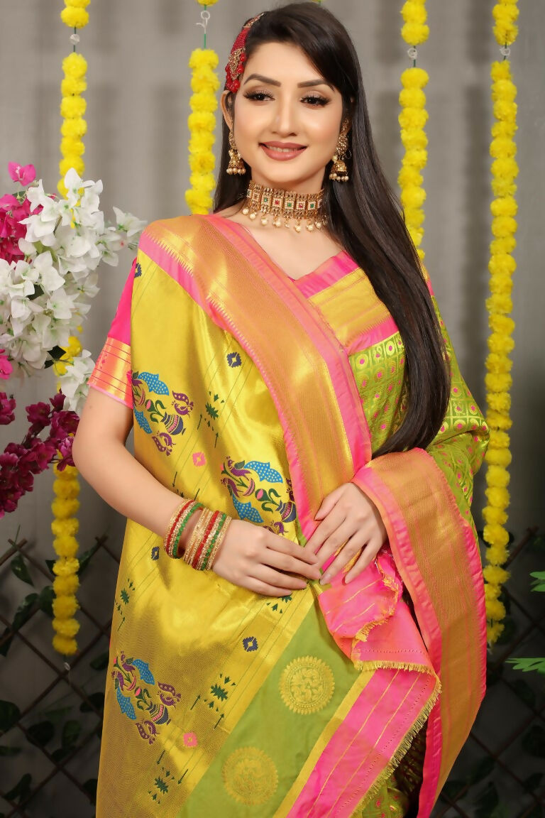 Jyoti Fashion Women's Green Banarasi Silk Zari Woven Saree with Blouse | Grocsy