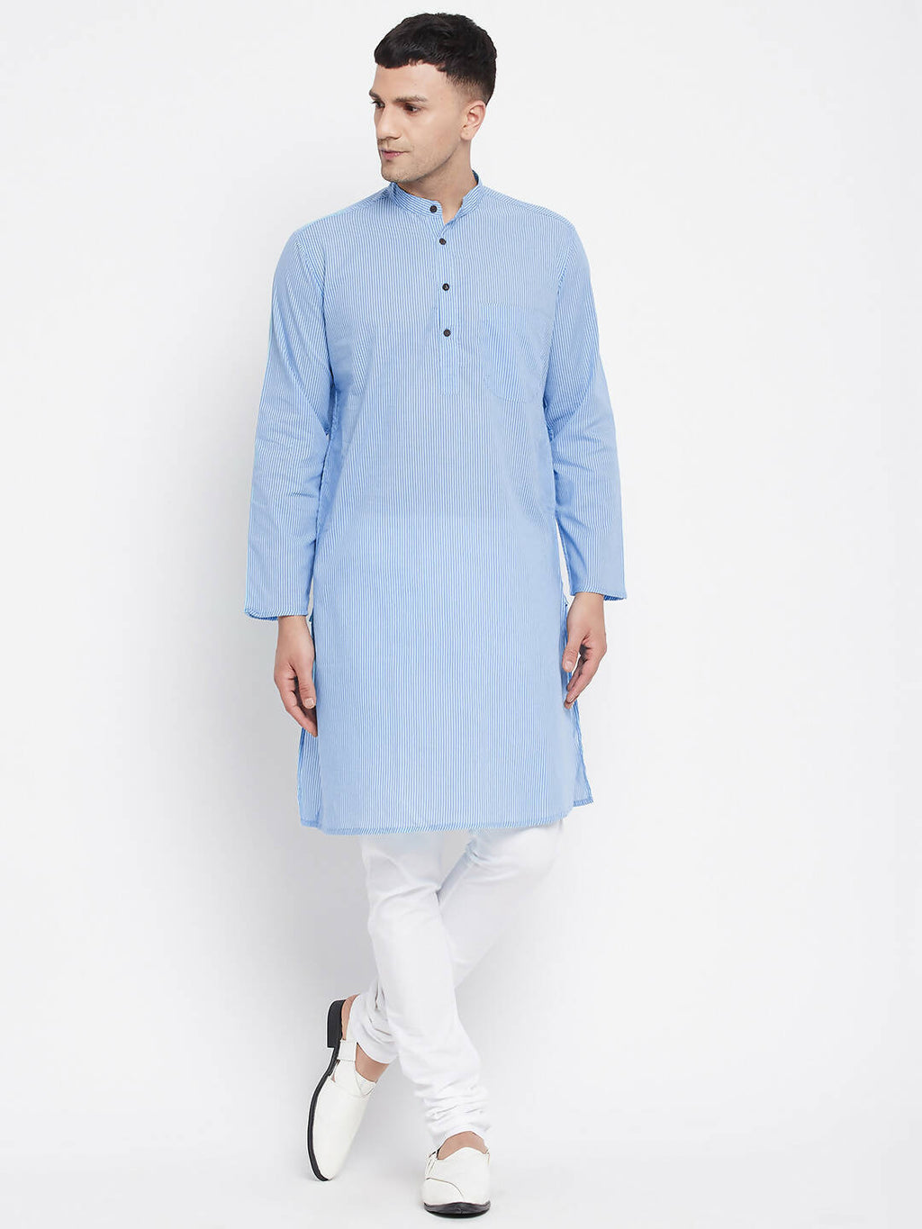 Even Apparels Blue Pure Cotton Men's Kurta With Band Collar | Grocsy