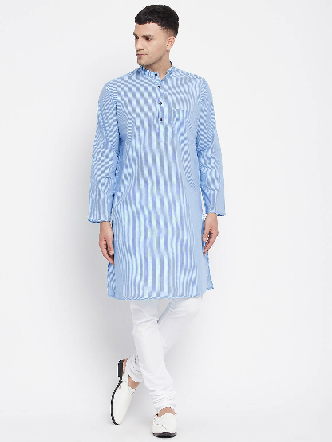 Even Apparels Blue Pure Cotton Men's Kurta With Band Collar | Grocsy