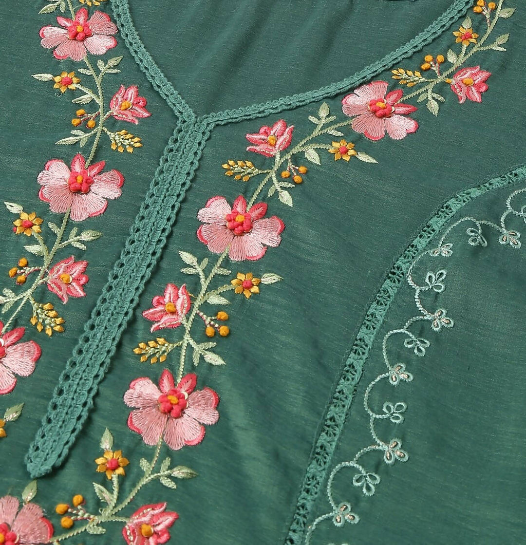 Green Chinon Embroidered Straight Kurta with Trouser & Dupatta - Salimar | Grocsy