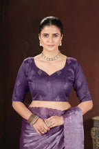 Vastranavya Lavender Jimmy Choo Silk 3mm Sequence work with Cross Stitch Embroidery work & Cutwork Border Saree | Grocsy