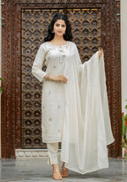 Kaajh Women's Off White Mirror Embellished Cotton Suit Set | Grocsy