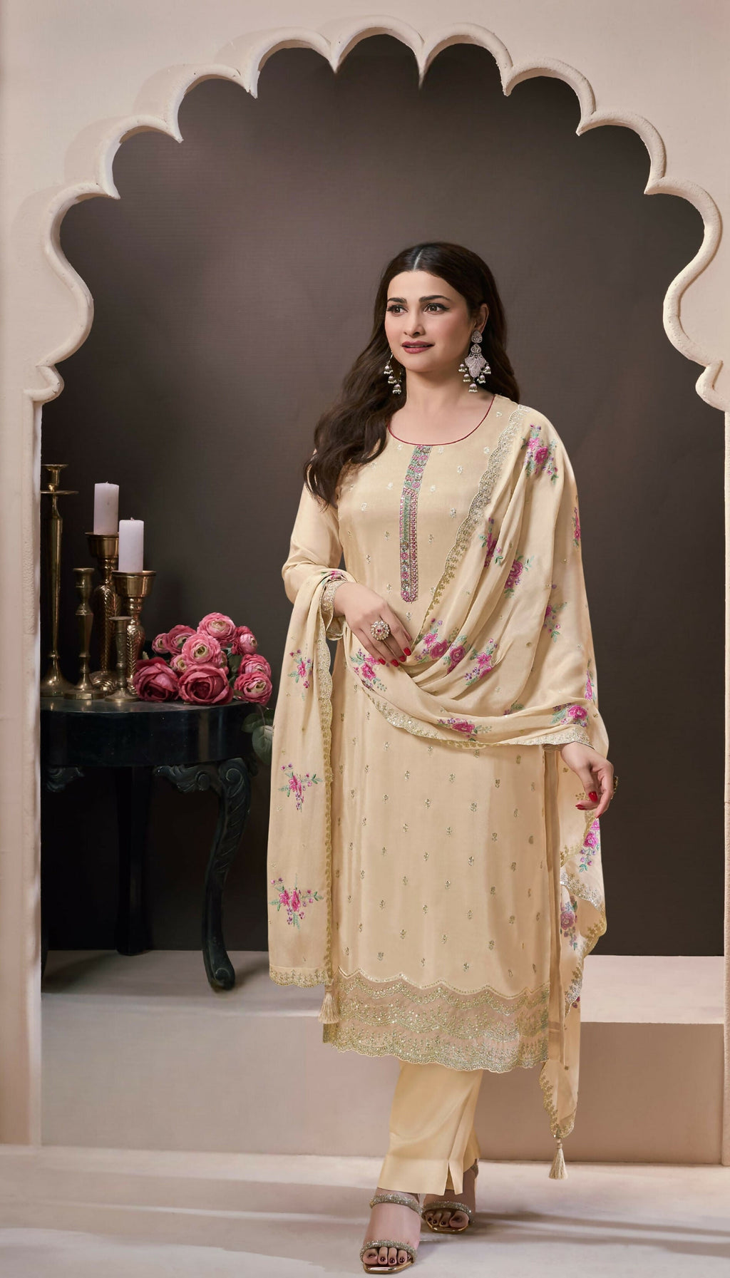 Anaita Cream Silk Embroidered Stitched Salwar Suit | Grocsy