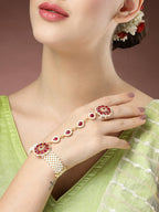 NVR Women's Red Gold-Polished Stone Studded Handcrafted Ring Bracelet | Grocsy