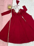 The52 Women's Gorgeous Embroidery Work Roman Silk Chanderi Fabric Flared Anarkali Pant and Dupatta Set-Maroon | Grocsy