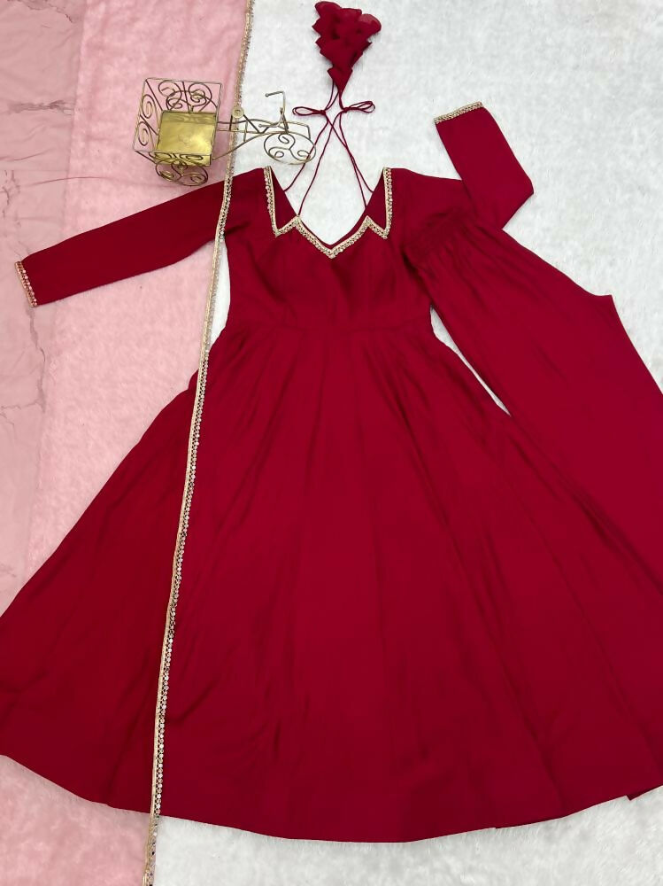 The52 Women's Gorgeous Embroidery Work Roman Silk Chanderi Fabric Flared Anarkali Pant and Dupatta Set-Maroon | Grocsy