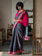 Suta Navy Blue Floral Pure Cotton Saree | Grocsy