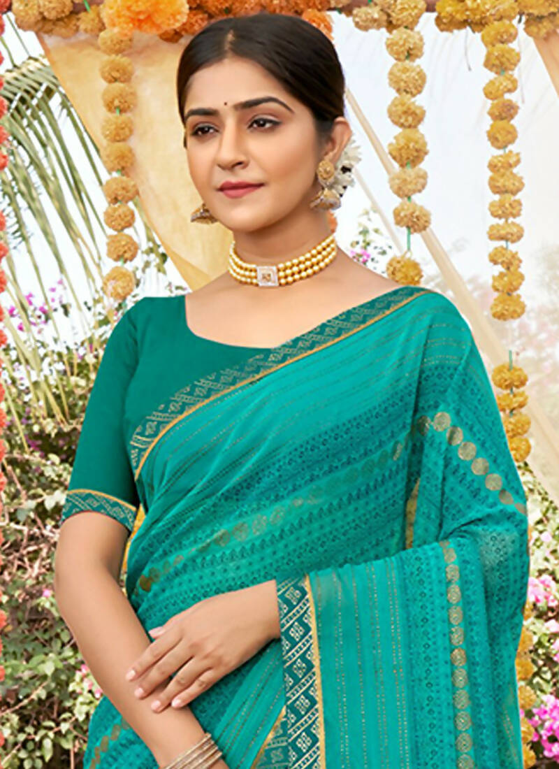 Sea Green Georgette Foil Printed Saree with Unstitched Blouse Piece - Avika | Grocsy