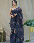 Vamsee Nitya Navy Blue Organza Saree | Grocsy