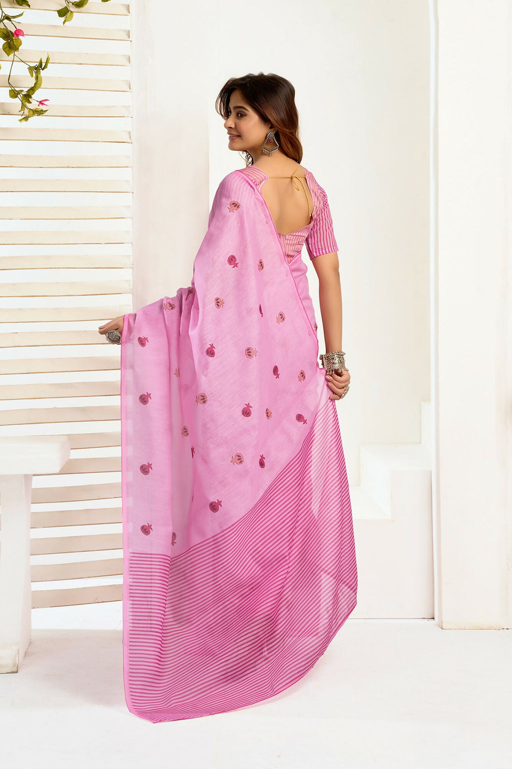 Vastranavya Baby Pink Digital Printed Linen Ready To Wear Designer Saree with Unstitched Blouse | Grocsy