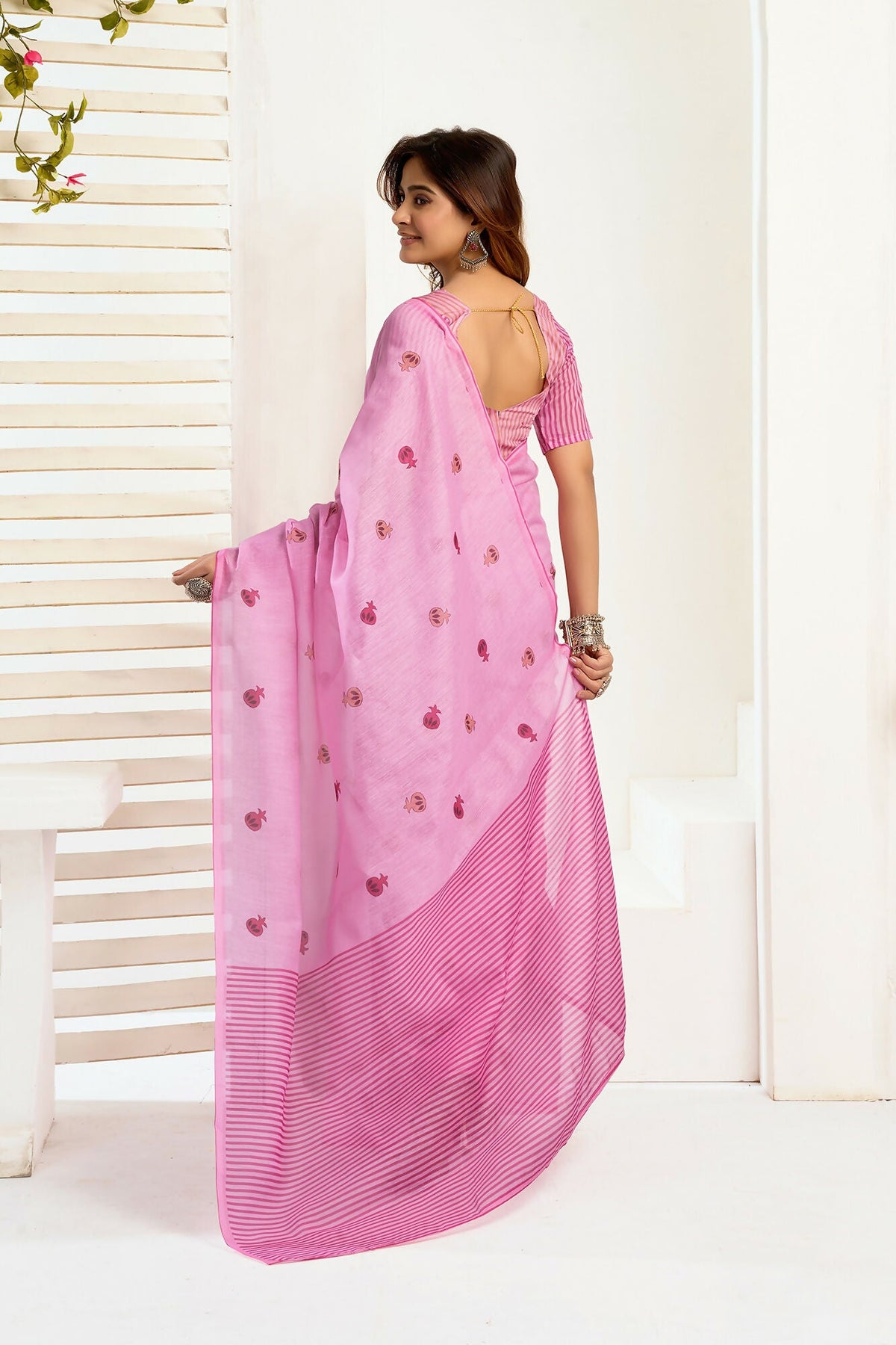 Vastranavya Baby Pink Digital Printed Linen Ready To Wear Designer Saree with Unstitched Blouse | Grocsy