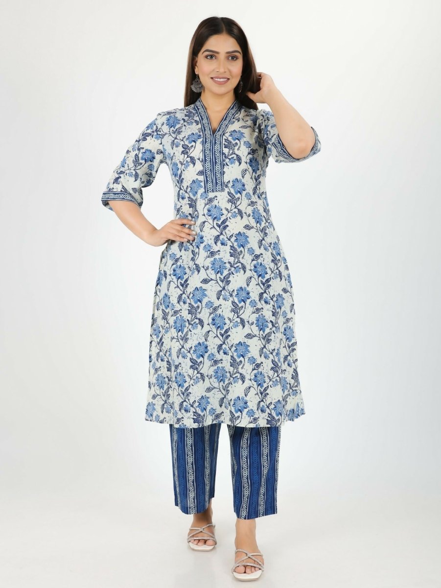 Aramya Off White Soft Cotton Floral Print Straight Kurta Set for Women | Grocsy