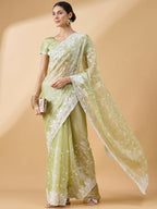 Green Tissue Slub Embroidered Saree with Unstitched Blouse - Vairagi | Grocsy