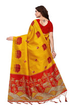 Vamika Latest Fashion Yellow & Red Kalamkari With Jhalar Khadi Silk Saree | Grocsy
