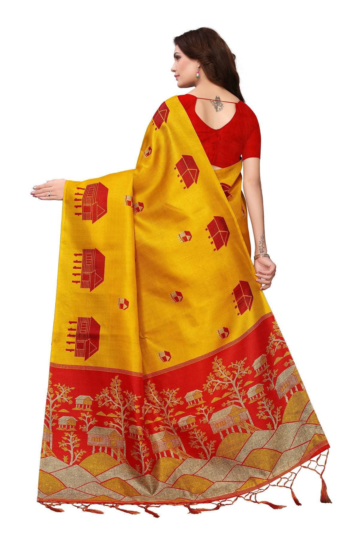 Vamika Latest Fashion Yellow & Red Kalamkari With Jhalar Khadi Silk Saree | Grocsy