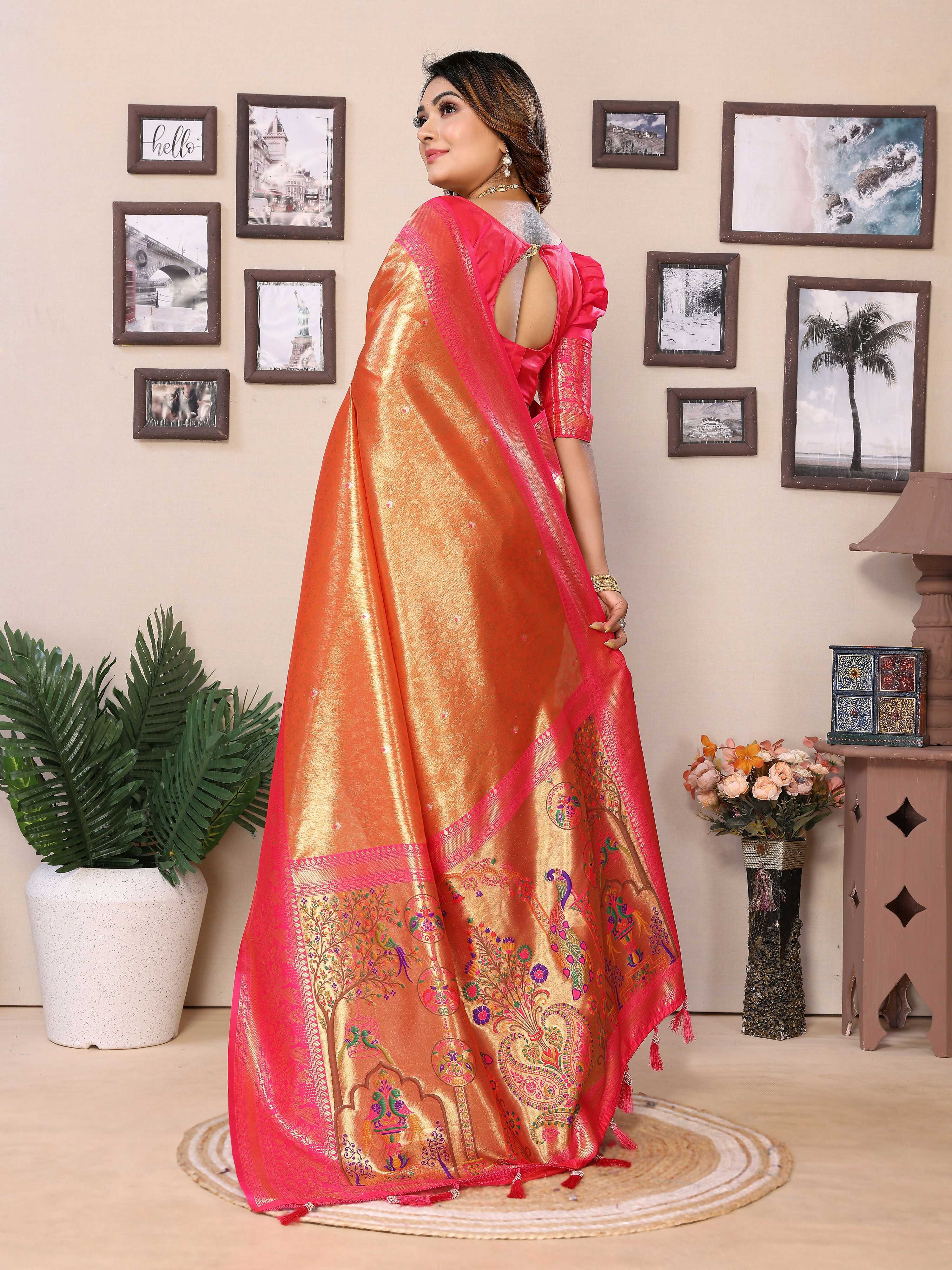 Aastha Fashion Orange Tissue Silk Weaving Saree | Grocsy
