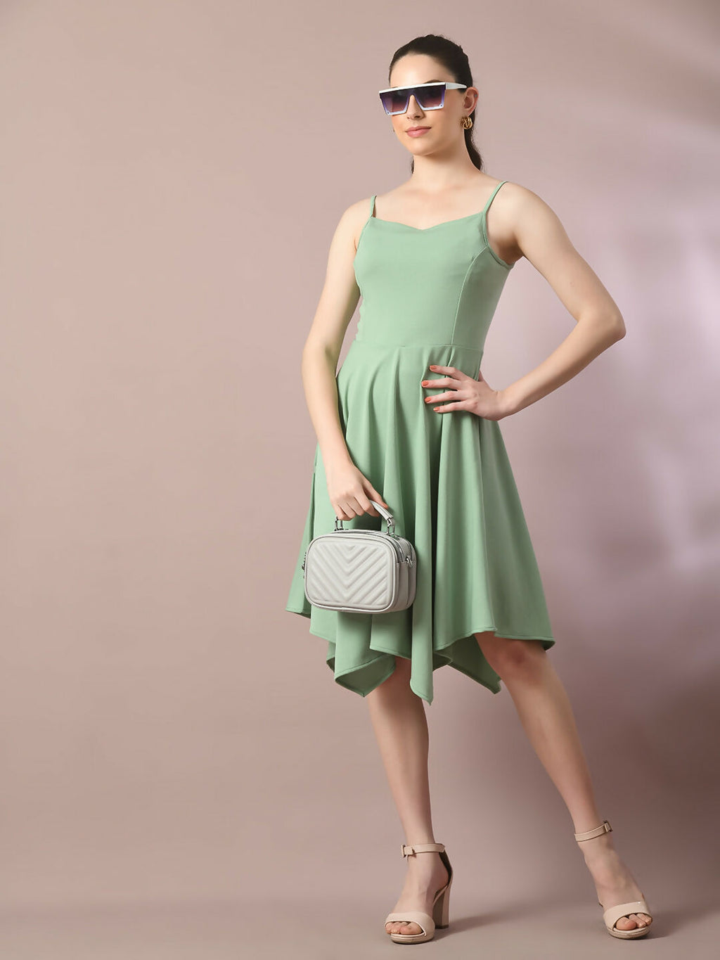 Myshka Women's Sea Green Solid Shoulder Straps Fit and Flare Party Dress | Grocsy