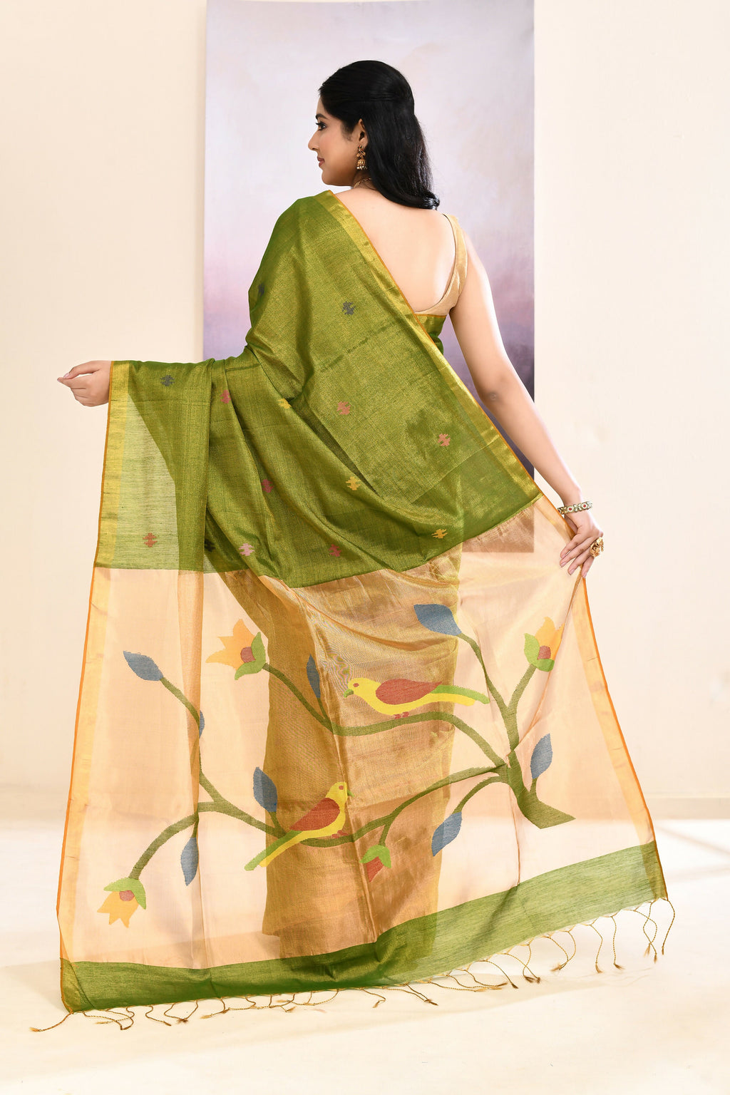 Piyari Fashion Women's Olive Embellished Tissue Jamdani Saree | Grocsy