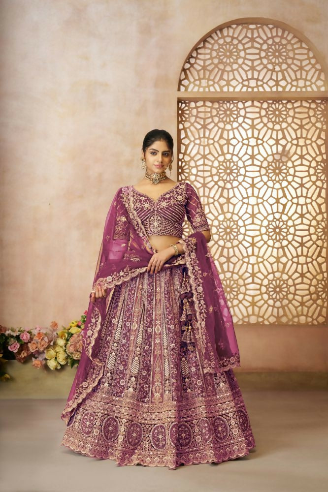 Kesar Fab Dark-Purple Net Hand_Woven Lehenga | Grocsy