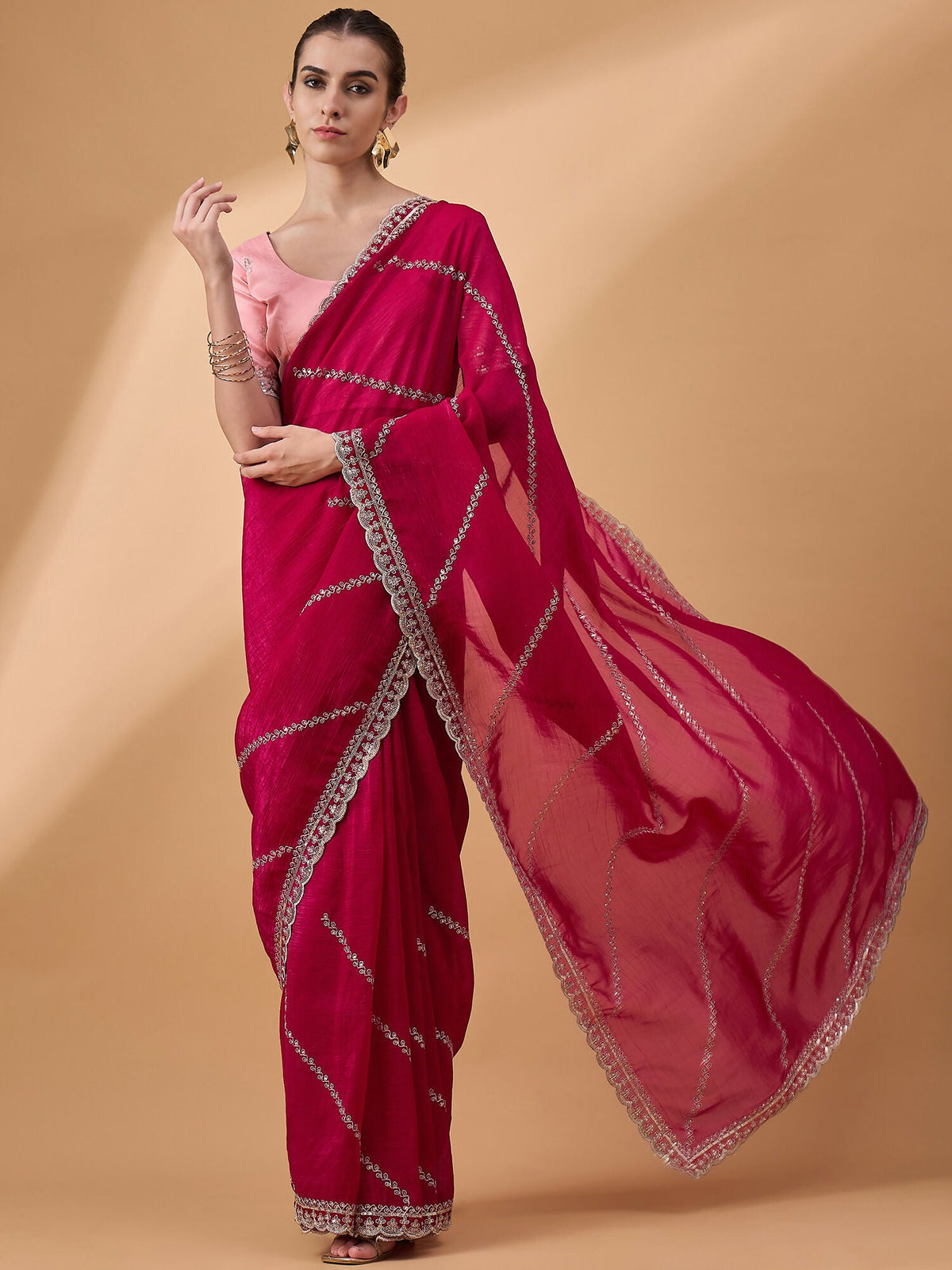 Pink Muslin Embroidered Saree with Unstitched Blouse Piece - Satya | Grocsy