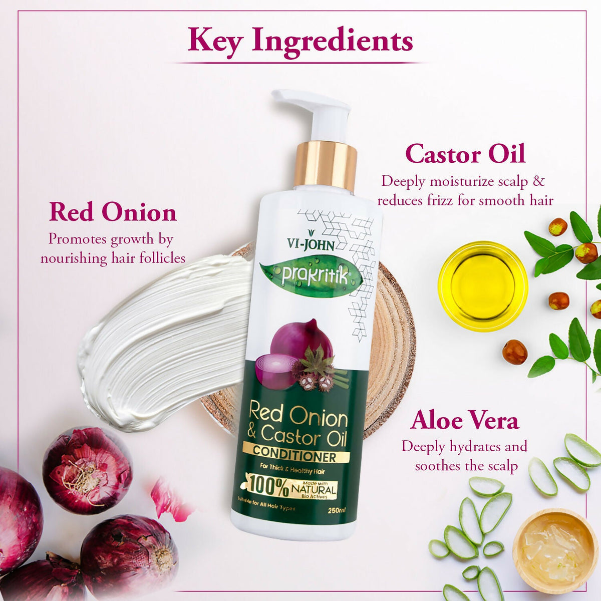 VI-JOHN Prakritik Red Onion & Castor Oil Conditioner to Prevent Dry Hair, 100% Natural Bio Actives | Grocsy