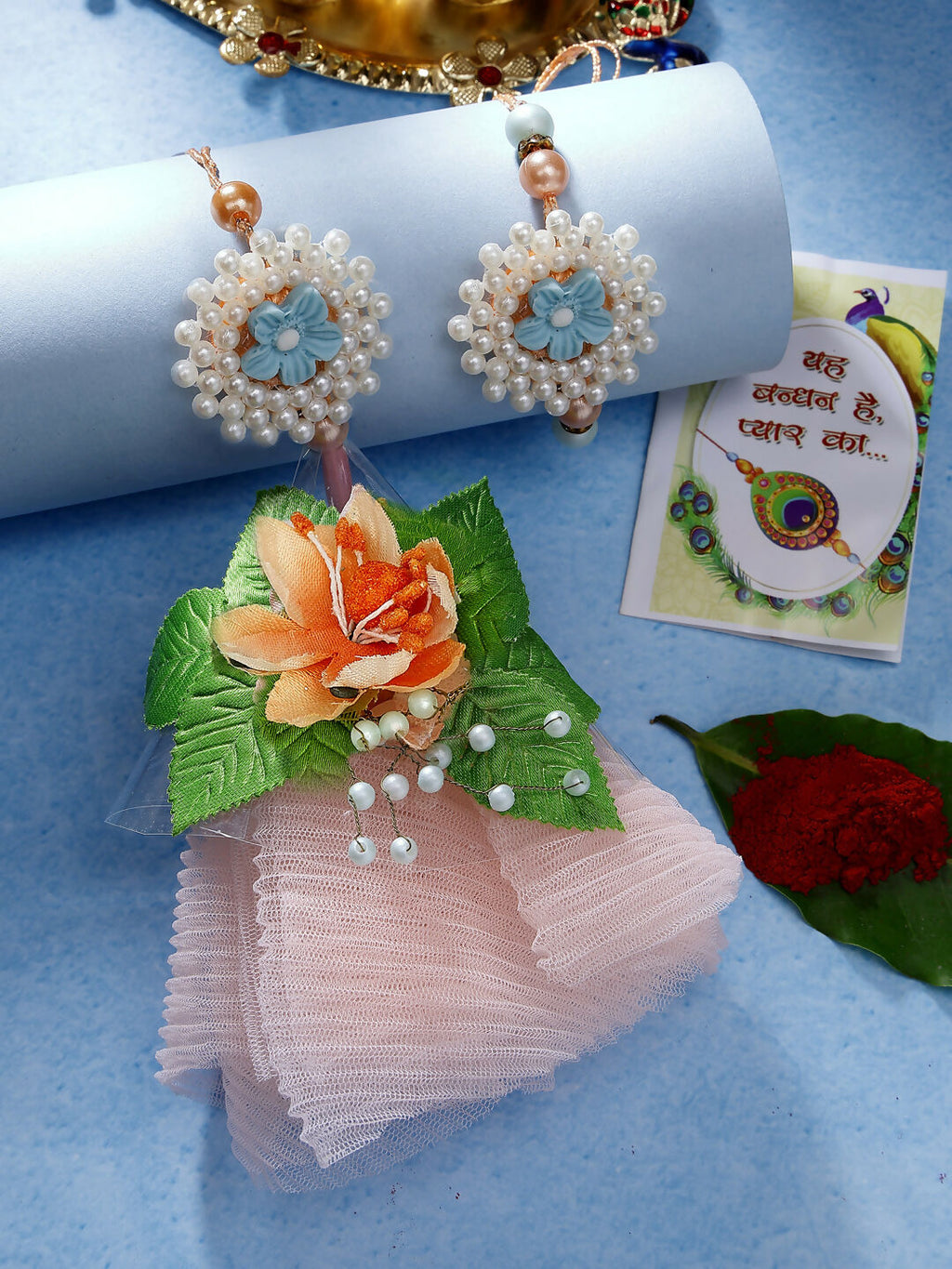 NVR Women & Men Set of 2 Peach Floral Design Pearl Beaded Bhaiya Bhabi Rakhi With Roli Chawal | Grocsy