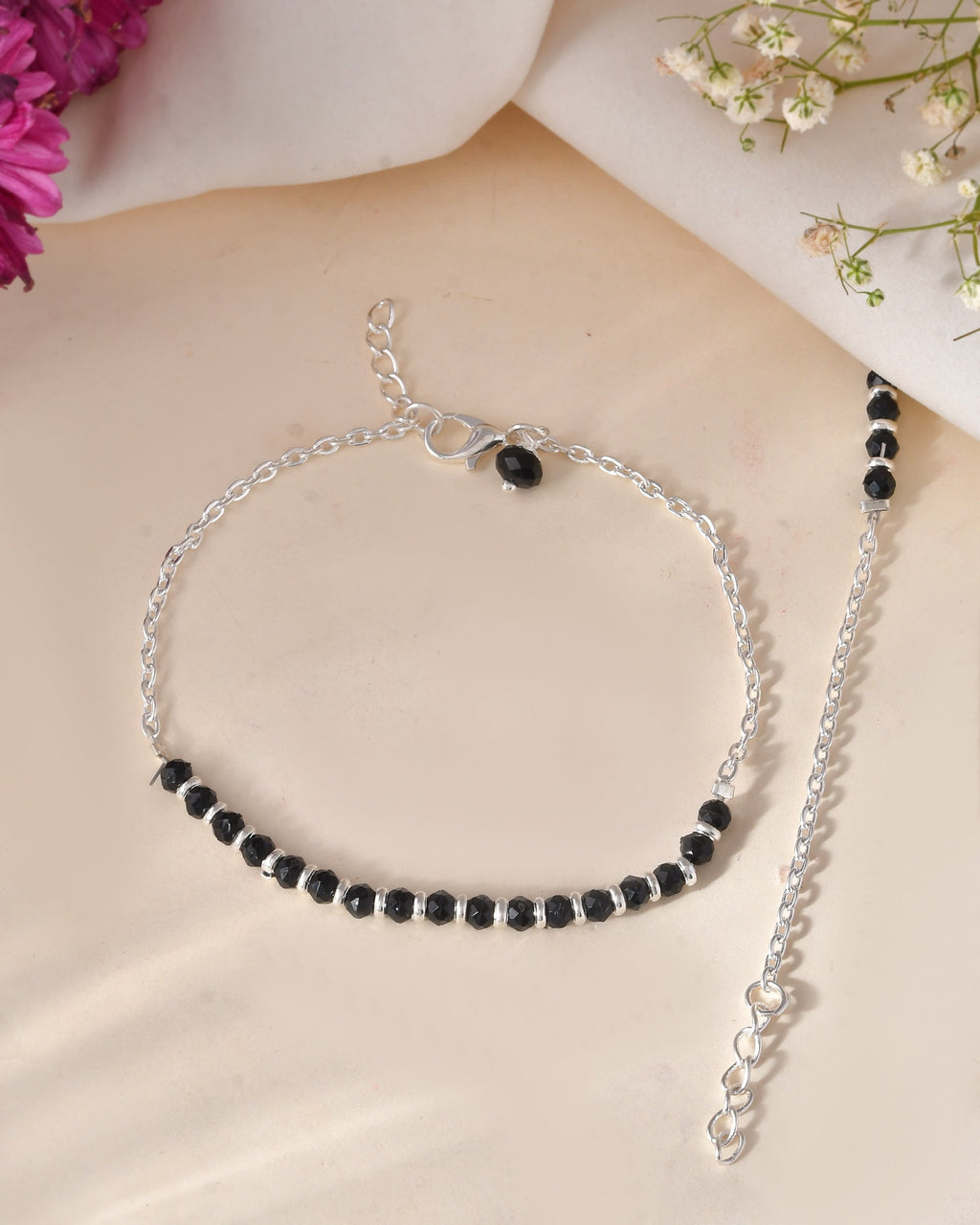 Jewels Nest Elegant Silver-Plated Black Bead Anklet – Traditional & Trendy | Grocsy