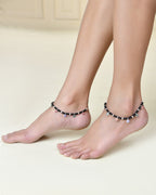 Jewels Nest Traditional Silver-Plated Black Beaded Anklet with Floral Charms | Grocsy