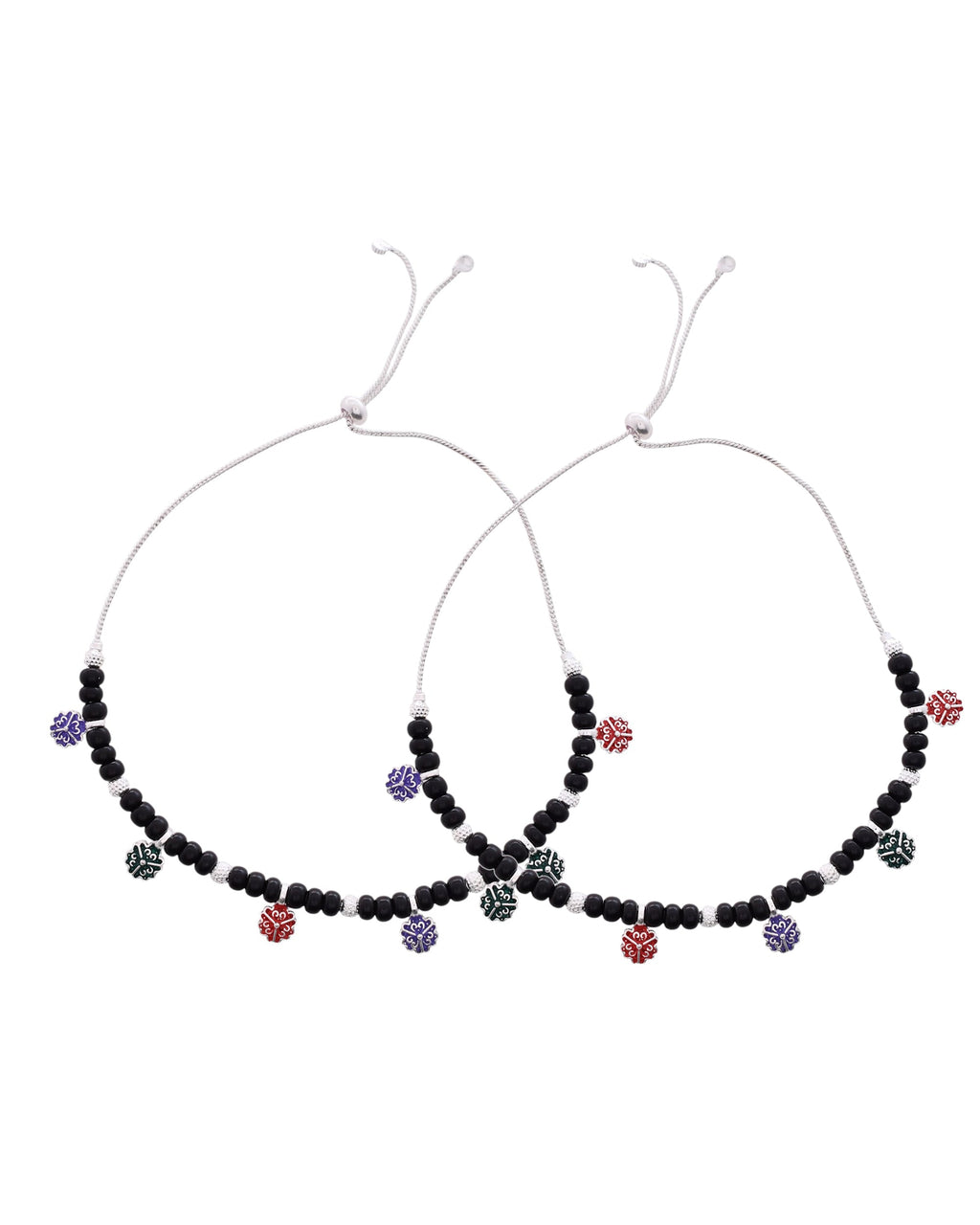 Jewels Nest Traditional Silver-Plated Black Beaded Anklet with Floral Charms | Grocsy