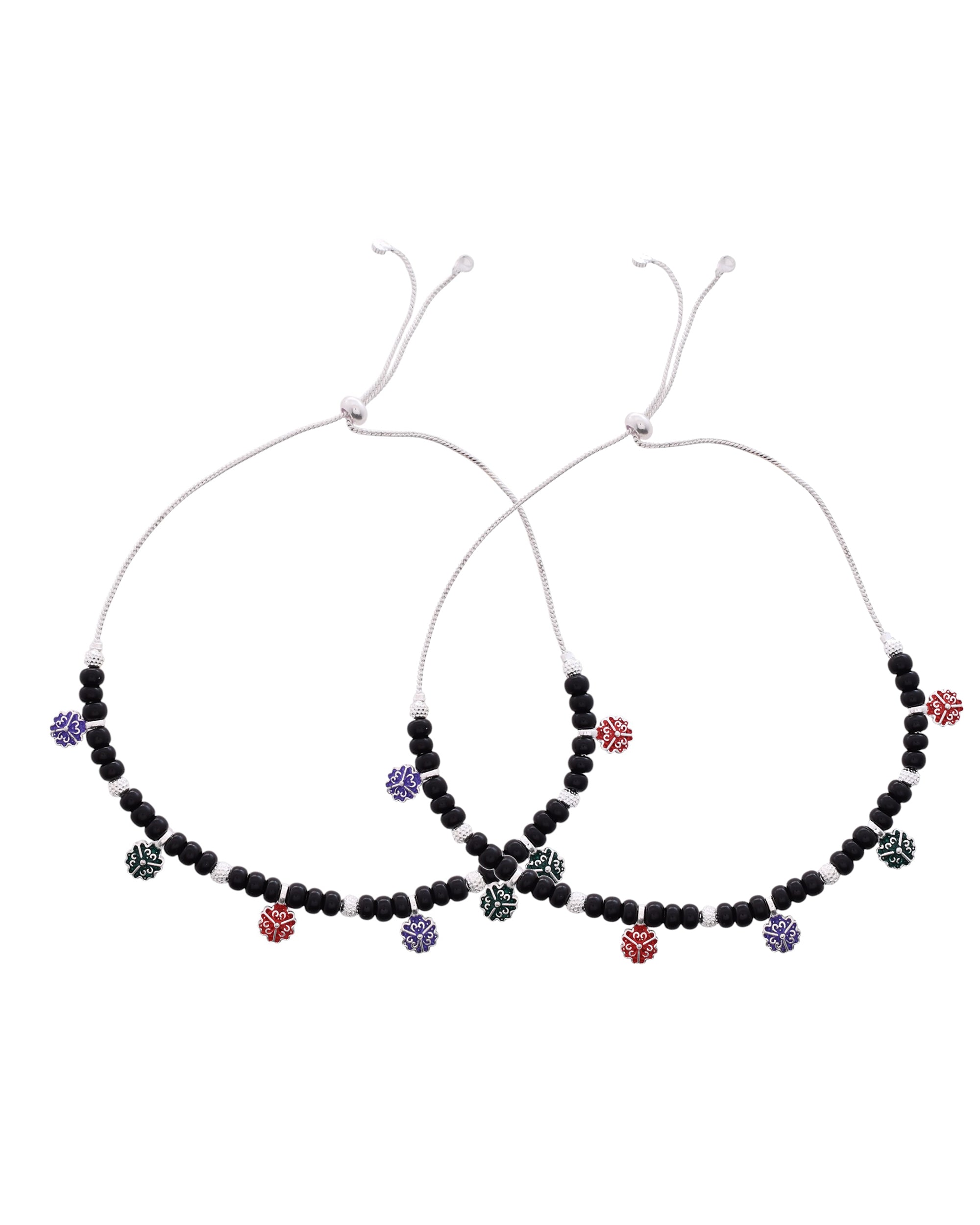 Jewels Nest Traditional Silver-Plated Black Beaded Anklet with Floral Charms | Grocsy