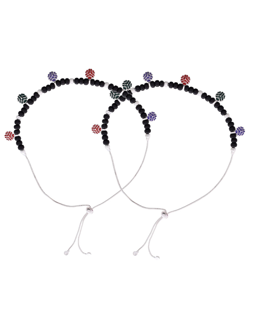 Jewels Nest Traditional Silver-Plated Black Beaded Anklet with Floral Charms | Grocsy